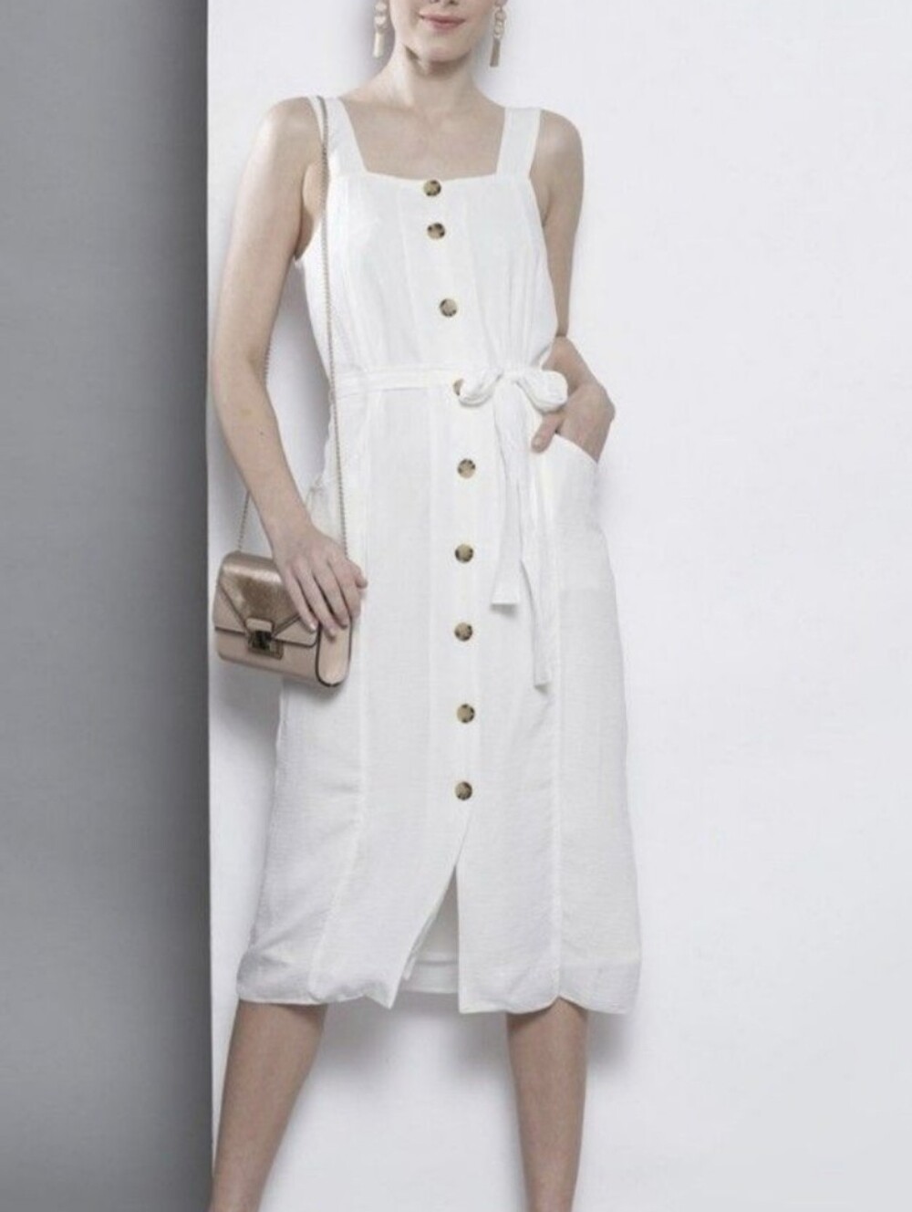 Smocked White Midi Sundress with Self-Tie Waist